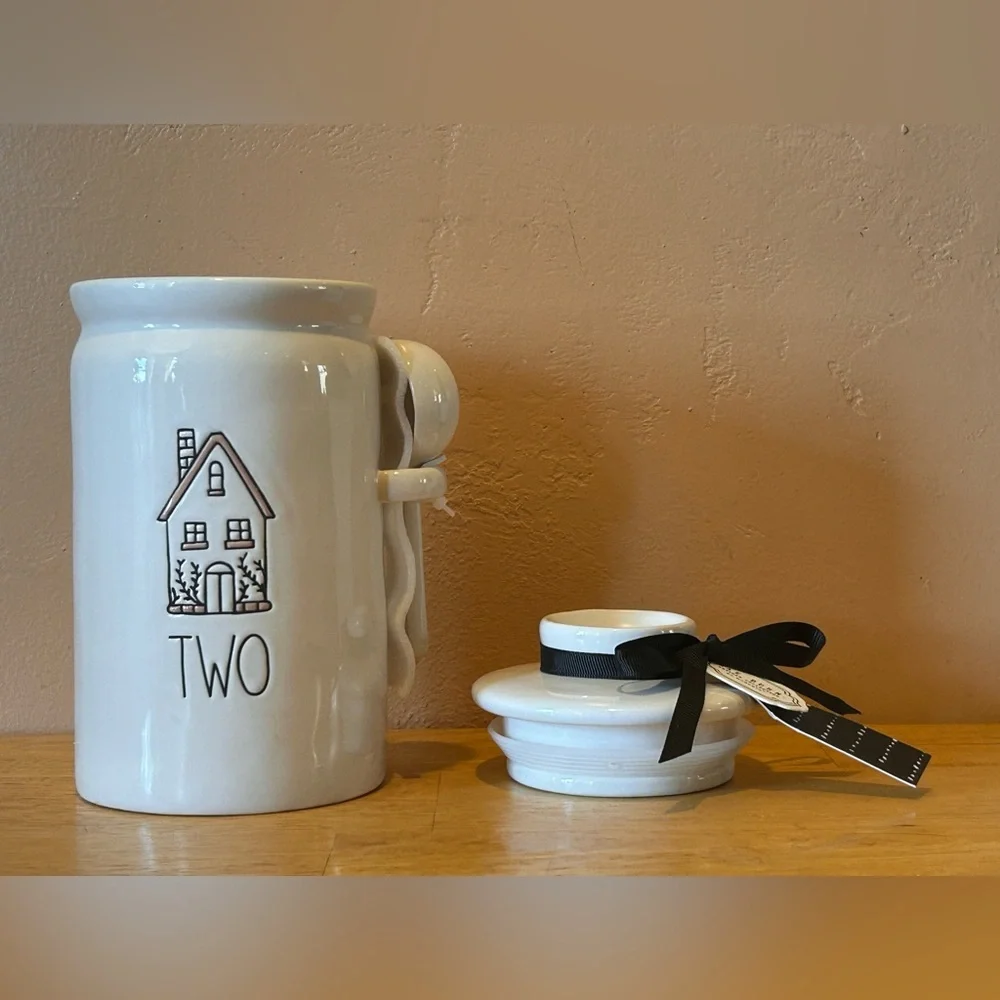 NWTS Rae Dunn “TWO” Gingerbread House Ceramic Kitchen Canister With Spoon.